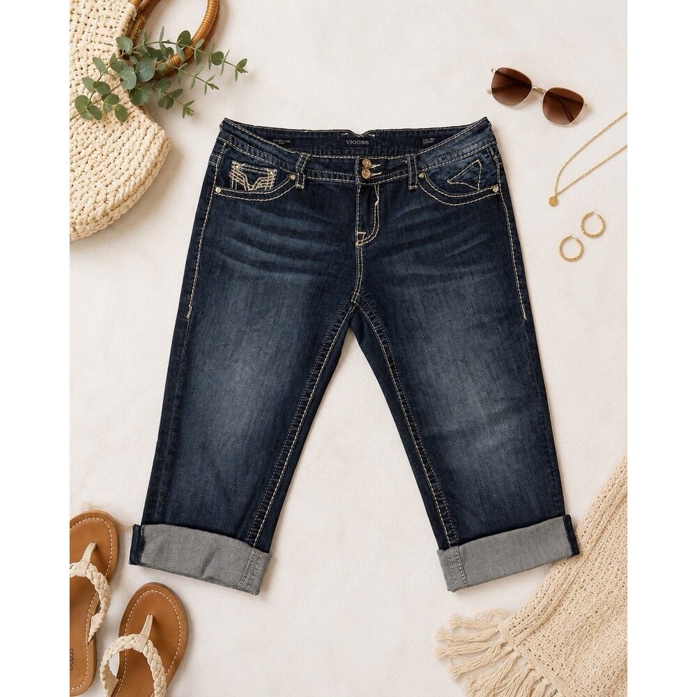 Vigoss The New York Capri Jeans Womens 31 Dark Wash Rhinestone Flap Pocket